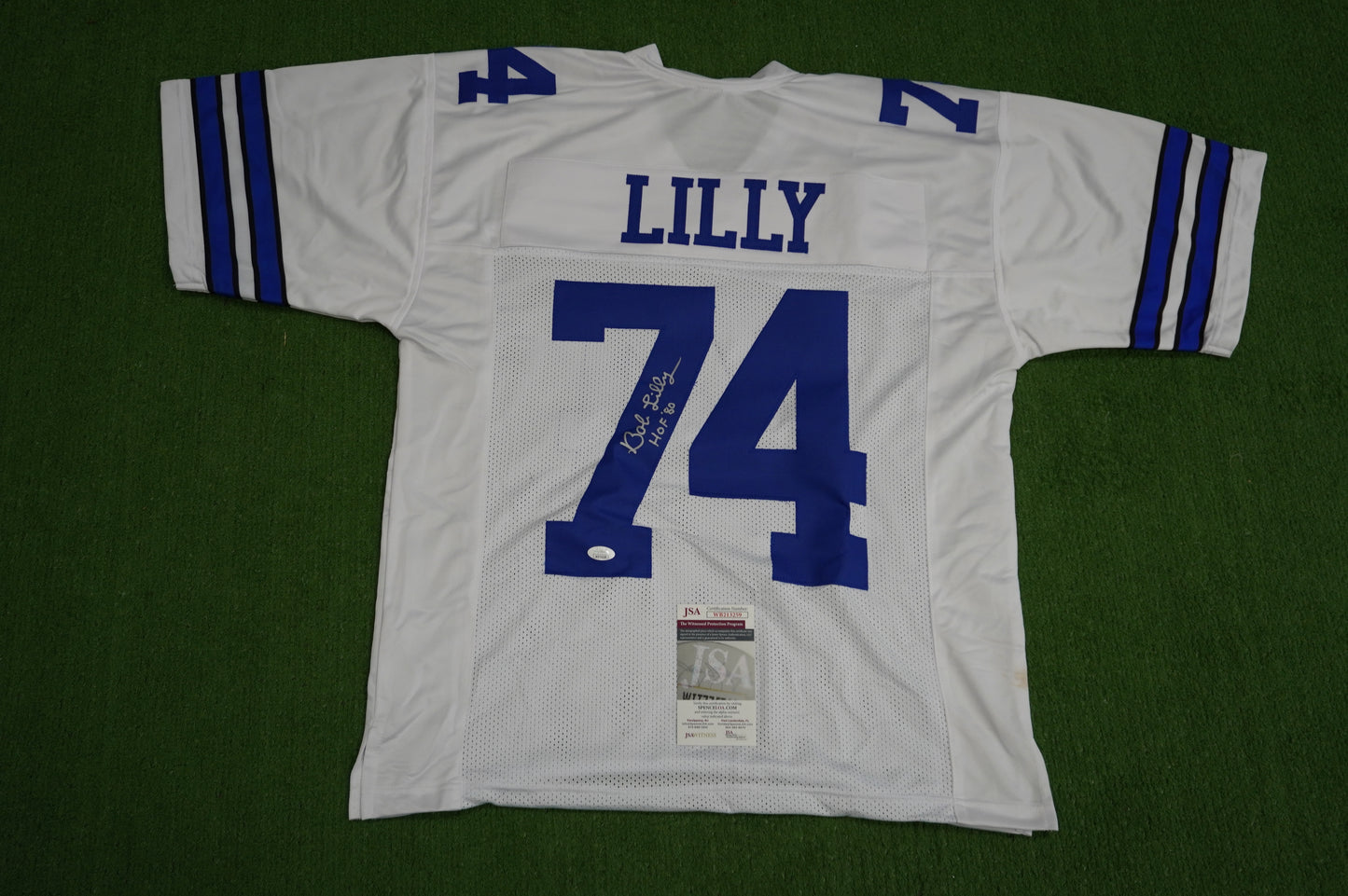 BOB LILLY SIGNED WHITE JERSEY Size L Dallas Cowboys w/HOF 80 JSA COA