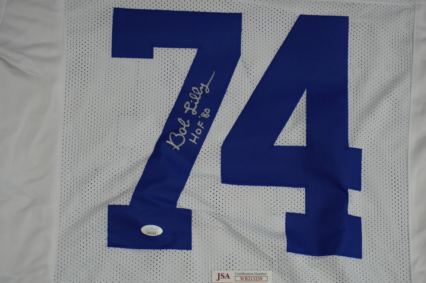BOB LILLY SIGNED WHITE JERSEY Size L Dallas Cowboys w/HOF 80 JSA COA