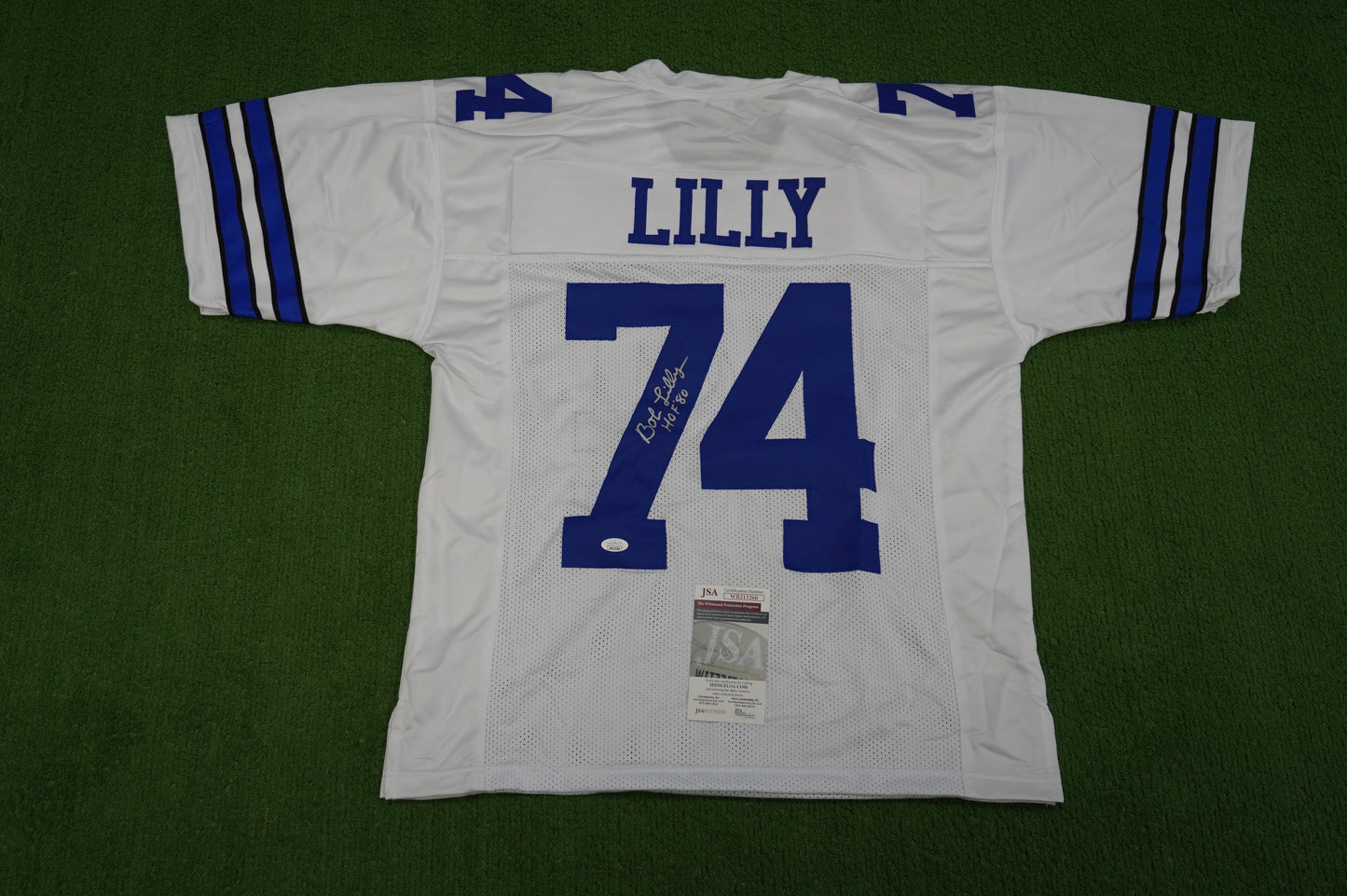BOB LILLY SIGNED WHITE JERSEY Size L Dallas Cowboys w/HOF 80 JSA COA