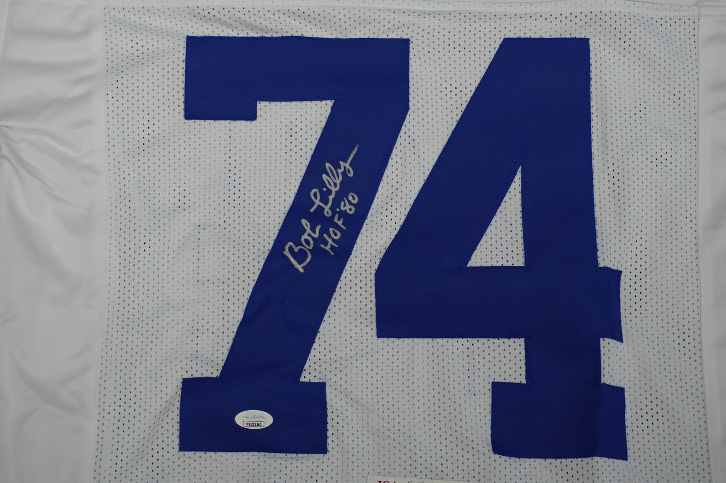 BOB LILLY SIGNED WHITE JERSEY Size L Dallas Cowboys w/HOF 80 JSA COA
