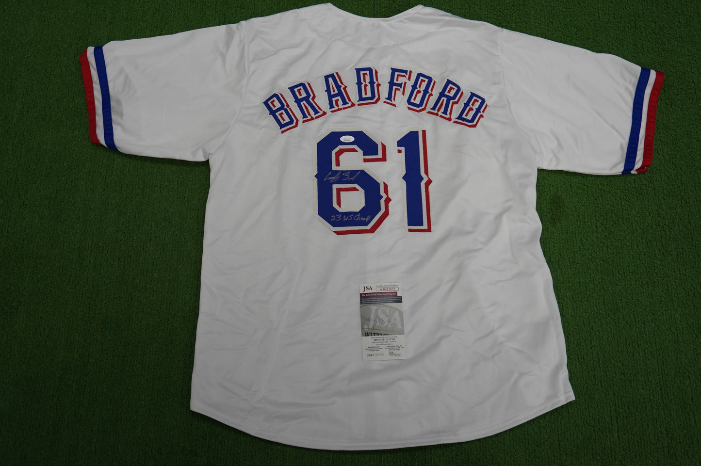 CODY BRADFORD TEXAS RANGERS SIGNED Sewn Jersey W/23 WS Champ JSA COA