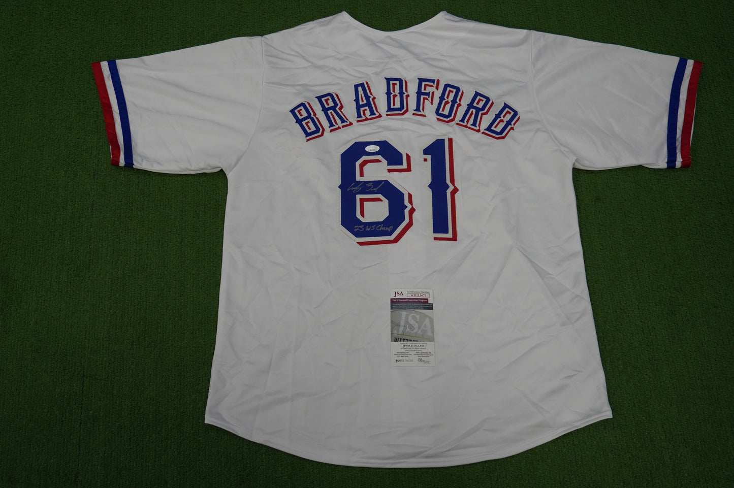 CODY BRADFORD TEXAS RANGERS SIGNED Sewn Jersey W/23 WS Champ JSA COA