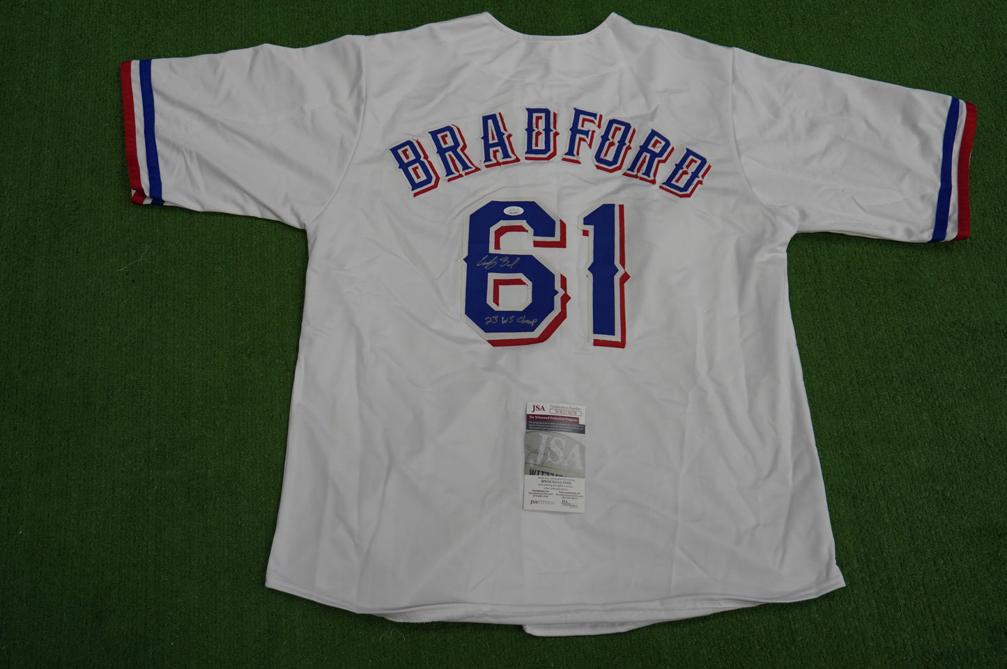 CODY BRADFORD TEXAS RANGERS SIGNED Sewn Jersey W/23 WS Champ JSA COA