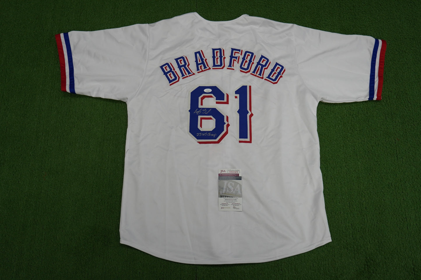 CODY BRADFORD TEXAS RANGERS SIGNED Sewn Jersey W/23 WS Champ JSA COA