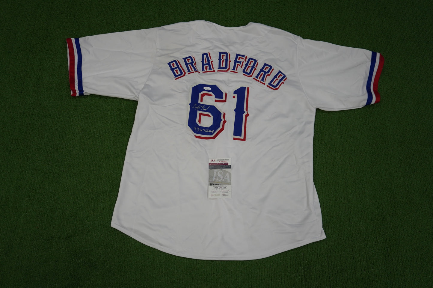 CODY BRADFORD TEXAS RANGERS SIGNED Sewn Jersey W/23 WS Champ JSA COA