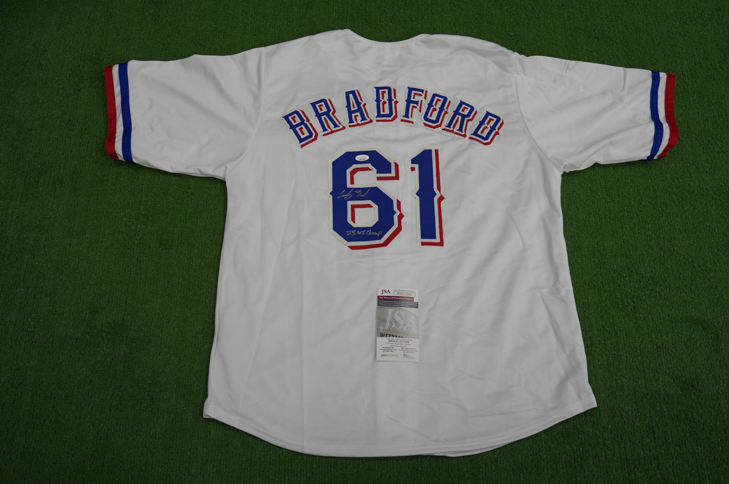 CODY BRADFORD TEXAS RANGERS SIGNED Sewn Jersey W/23 WS Champ JSA COA
