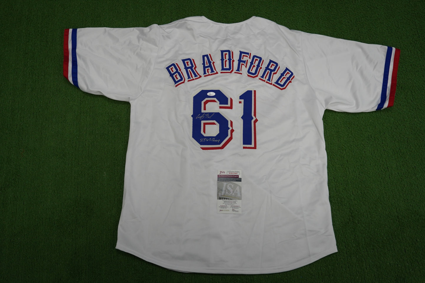 CODY BRADFORD TEXAS RANGERS SIGNED Sewn Jersey W/23 WS Champ JSA COA