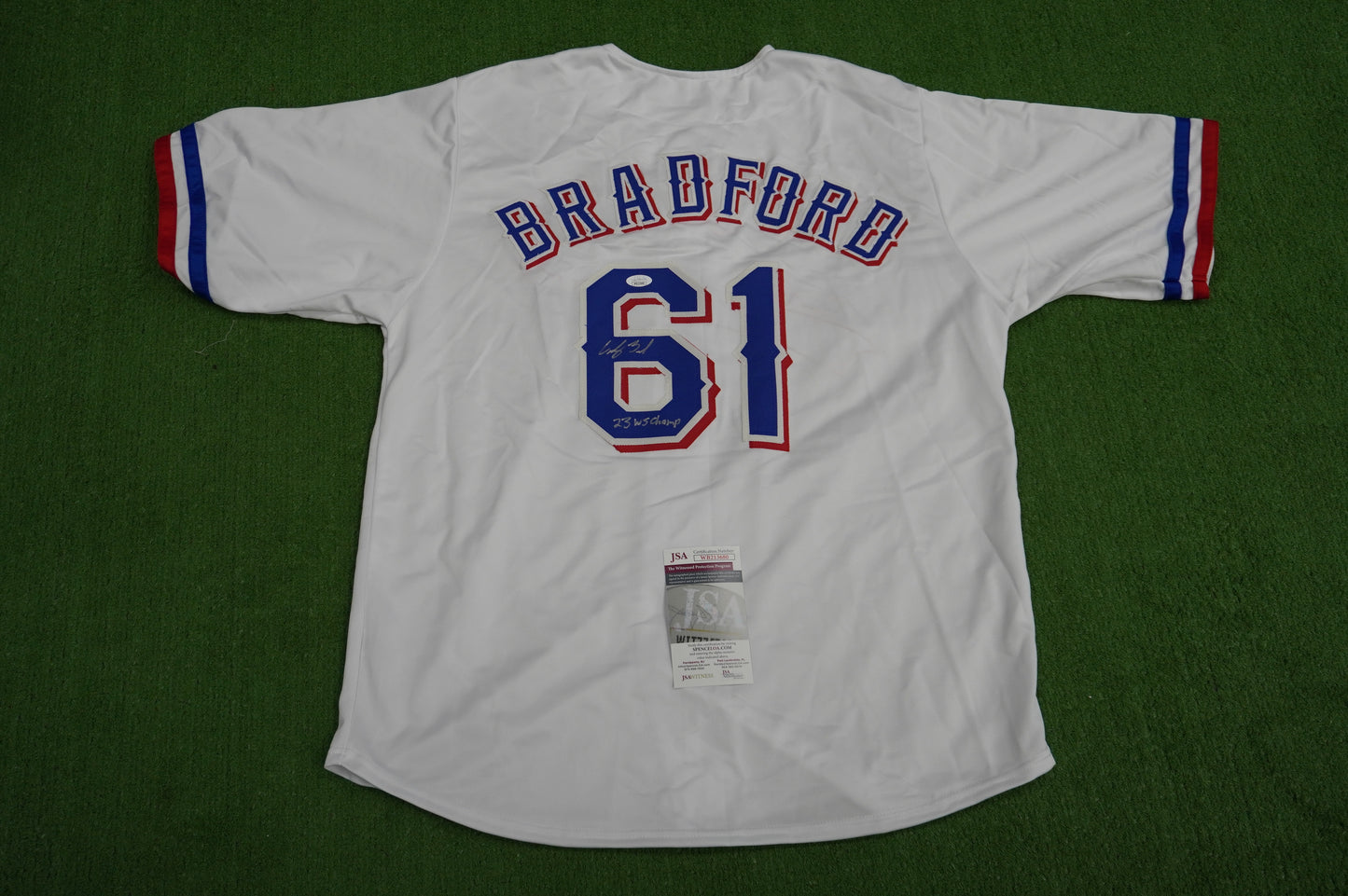 CODY BRADFORD TEXAS RANGERS SIGNED Sewn Jersey W/23 WS Champ JSA COA