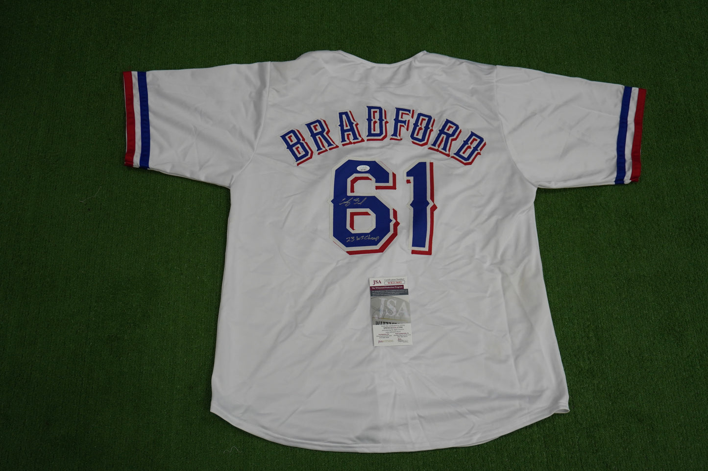 CODY BRADFORD TEXAS RANGERS SIGNED Sewn Jersey W/23 WS Champ JSA COA