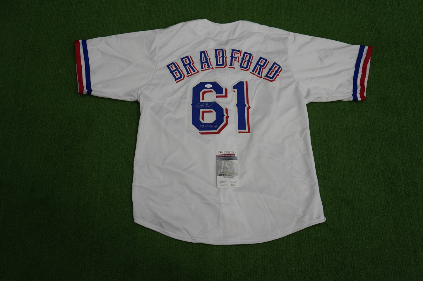 CODY BRADFORD TEXAS RANGERS SIGNED Sewn Jersey W/23 WS Champ JSA COA