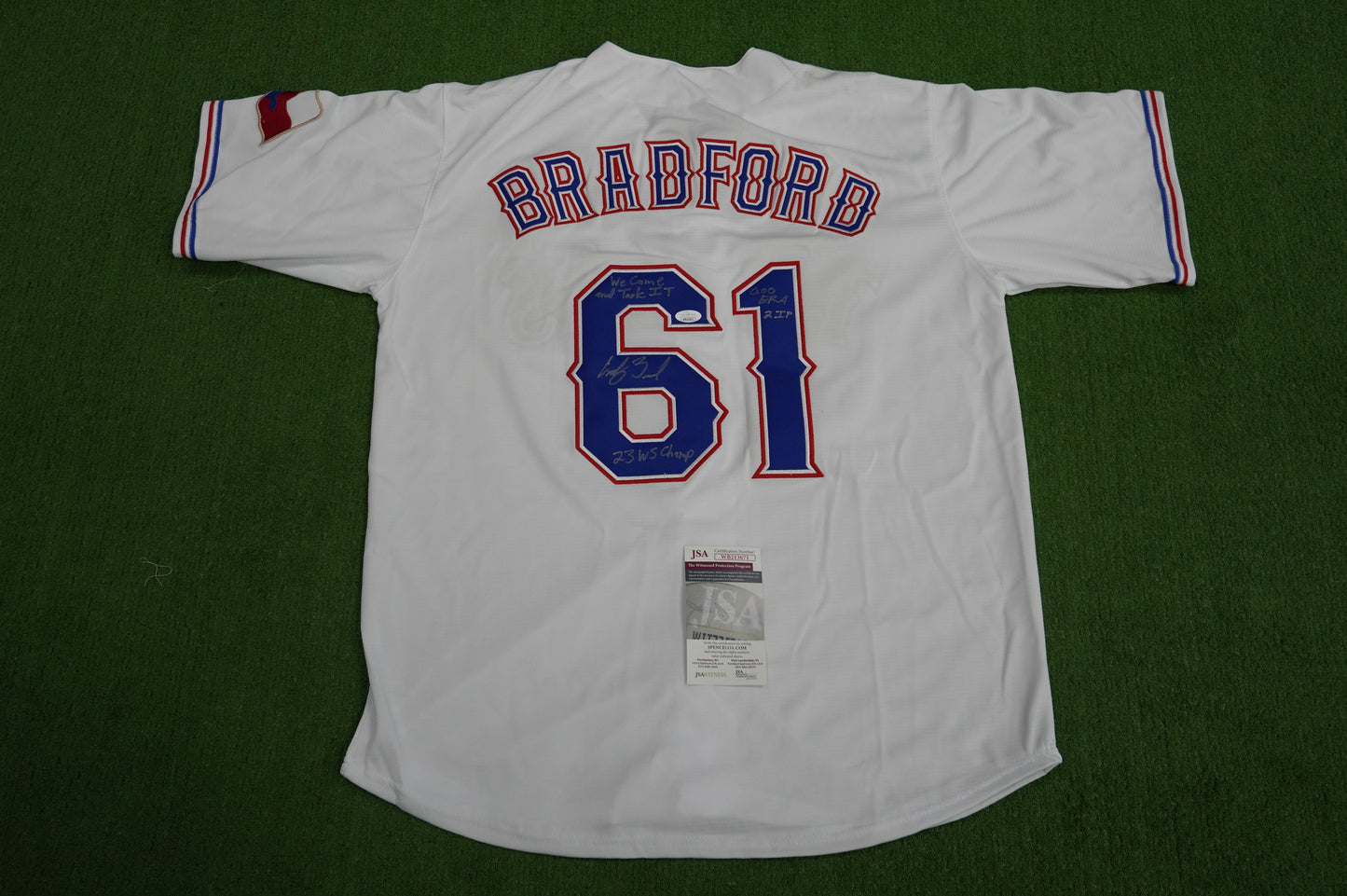 CODY BRADFORD TEXAS RANGERS SIGNED Sewn Jersey W/Multi Stats INSC JSA COA
