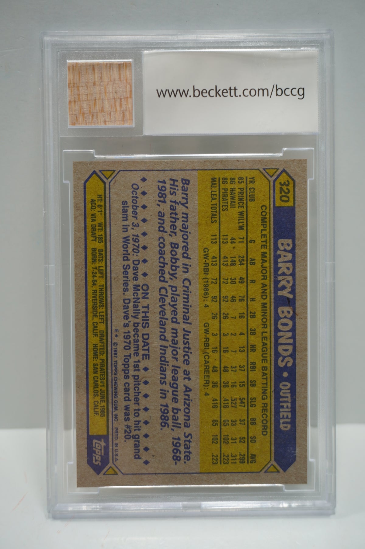 1987 Topps #320 Barry Bonds 2001 73 HR Seasons Game Used Bat BCCG 10