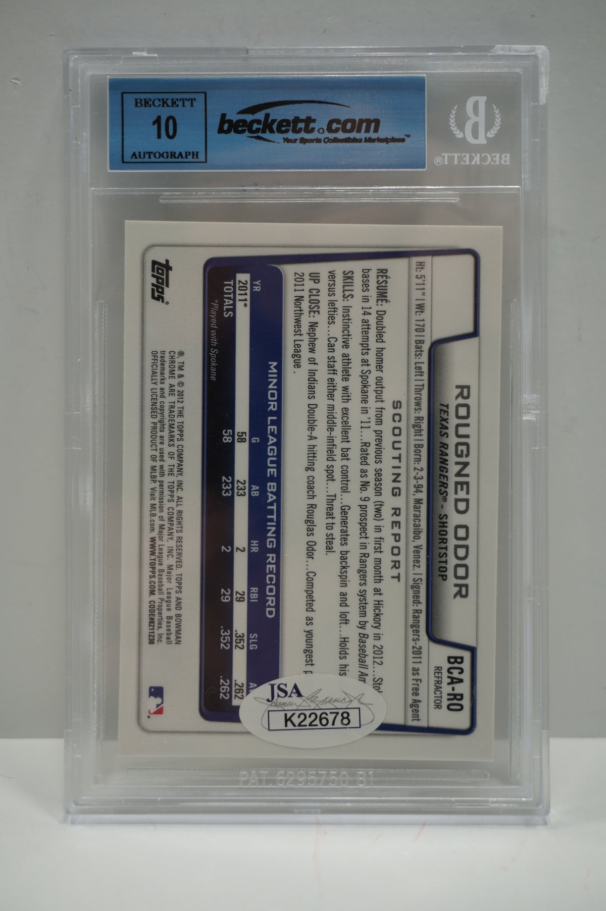 2012 Bowman Chrome Rougned Odor Oversize Missing Serial # BGS Authentic