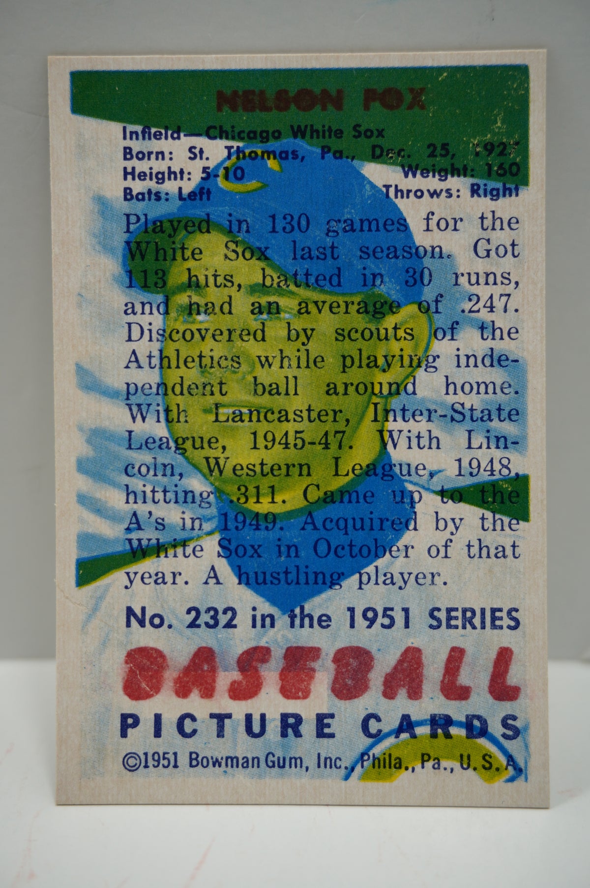 1951 Bowman Nelson Fox Back