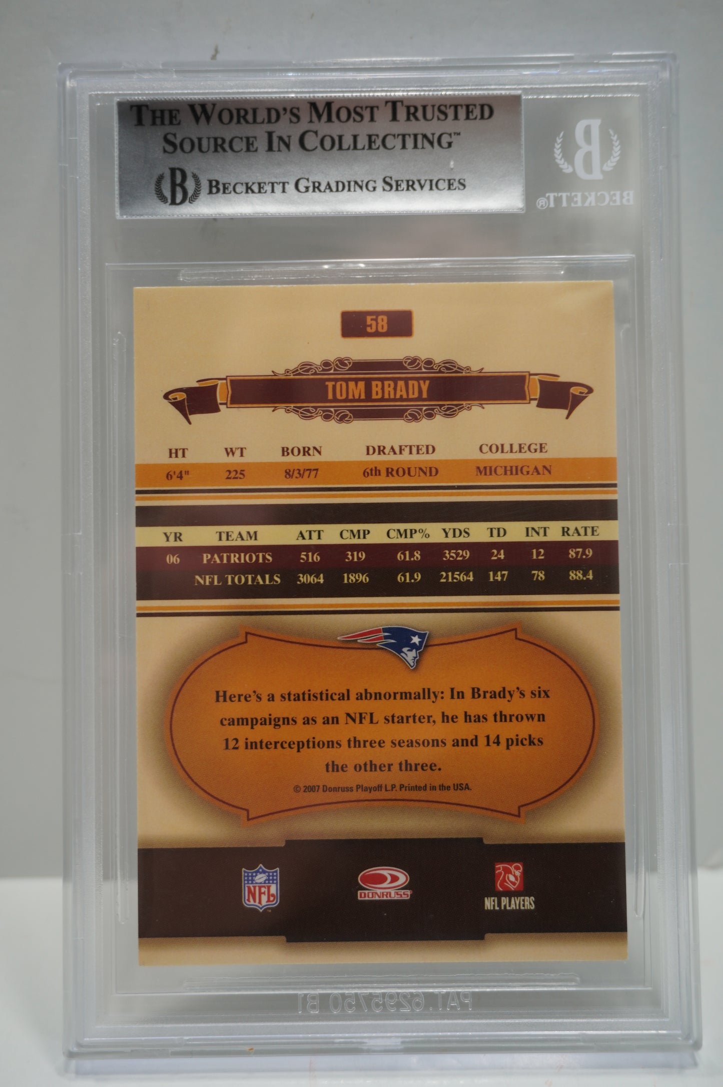 2007 Donruss Classic #58 Tom Brady Wrong Foil on Front BGS 9