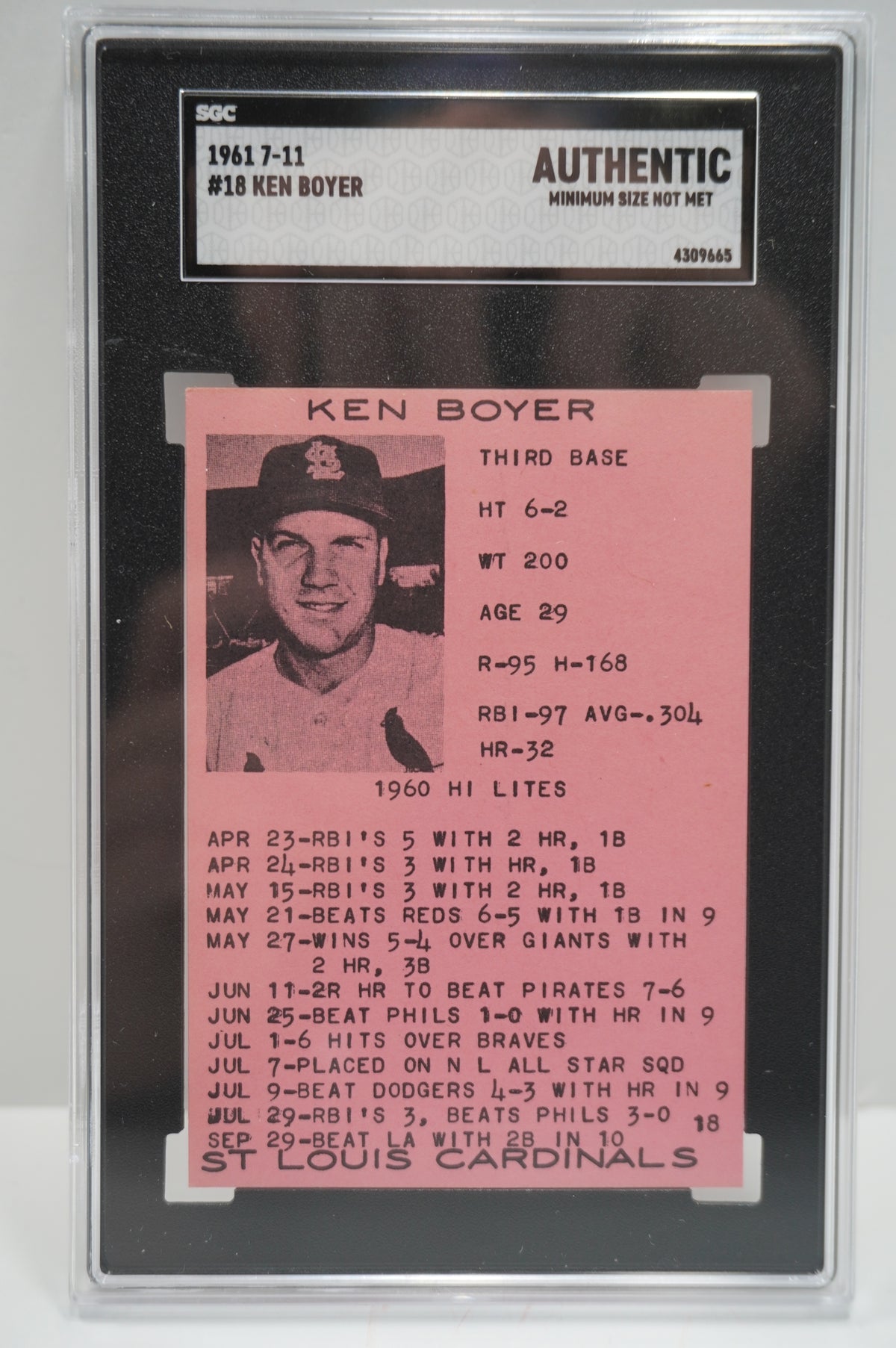 1961 7-11 #18 Ken Boyer SGC Authentic