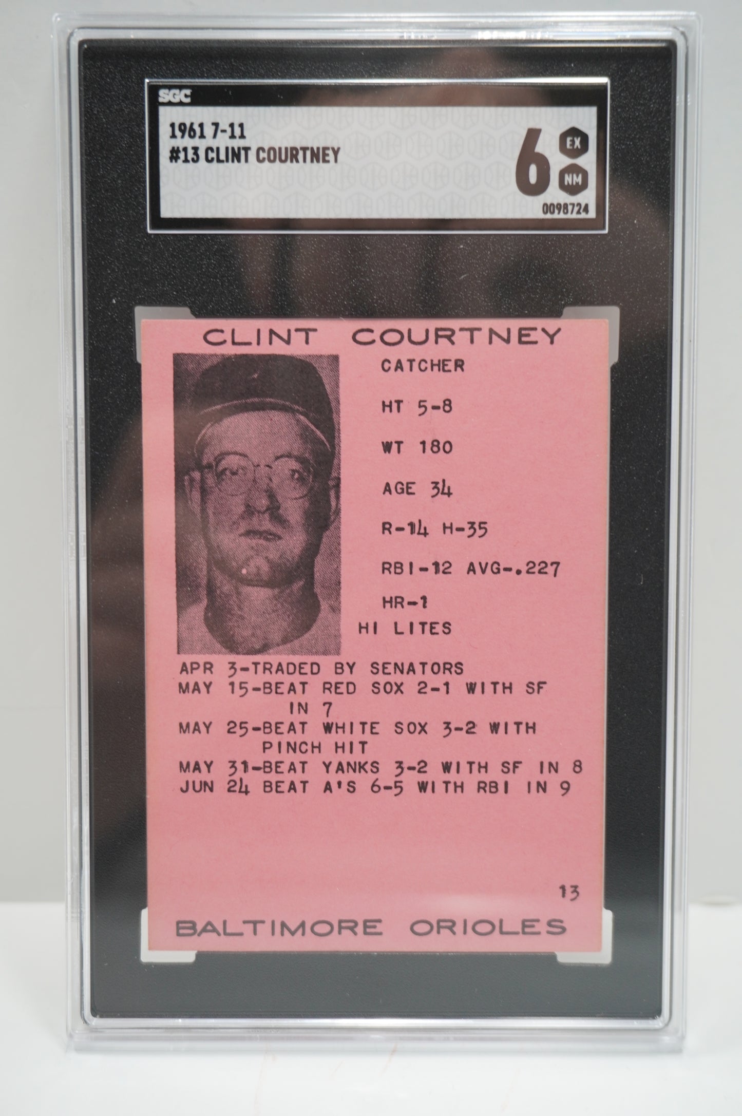 1961 7-11 #13 Clint Courtney SGC 6