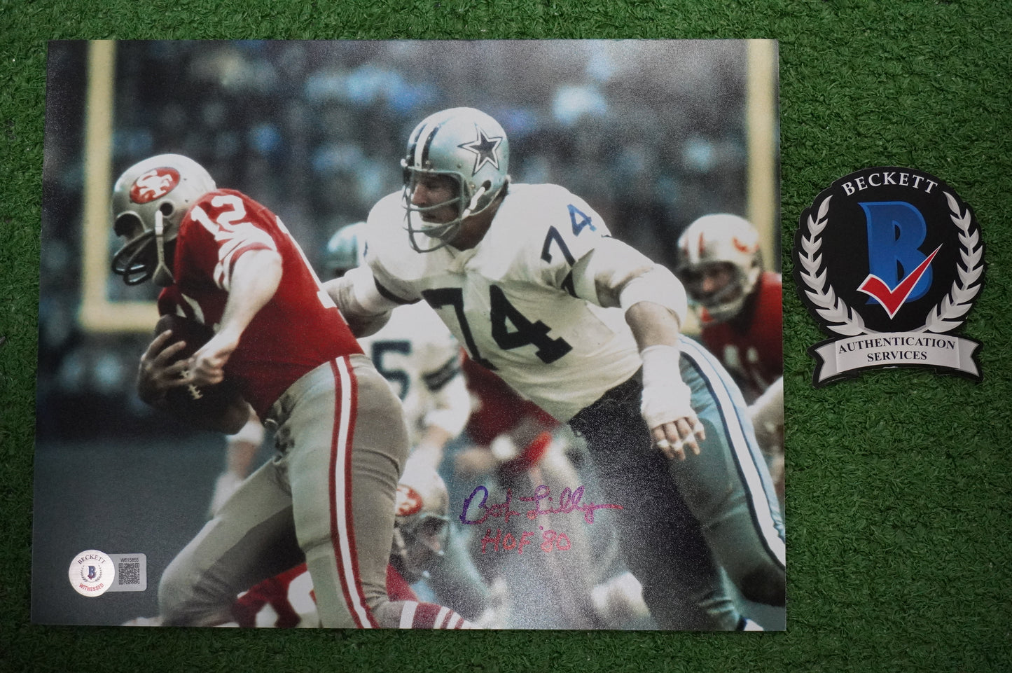 BOB LILLY DALLAS COWBOYS SIGNED 8x10 PHOTO w/HOF80 vs 49ers BAS