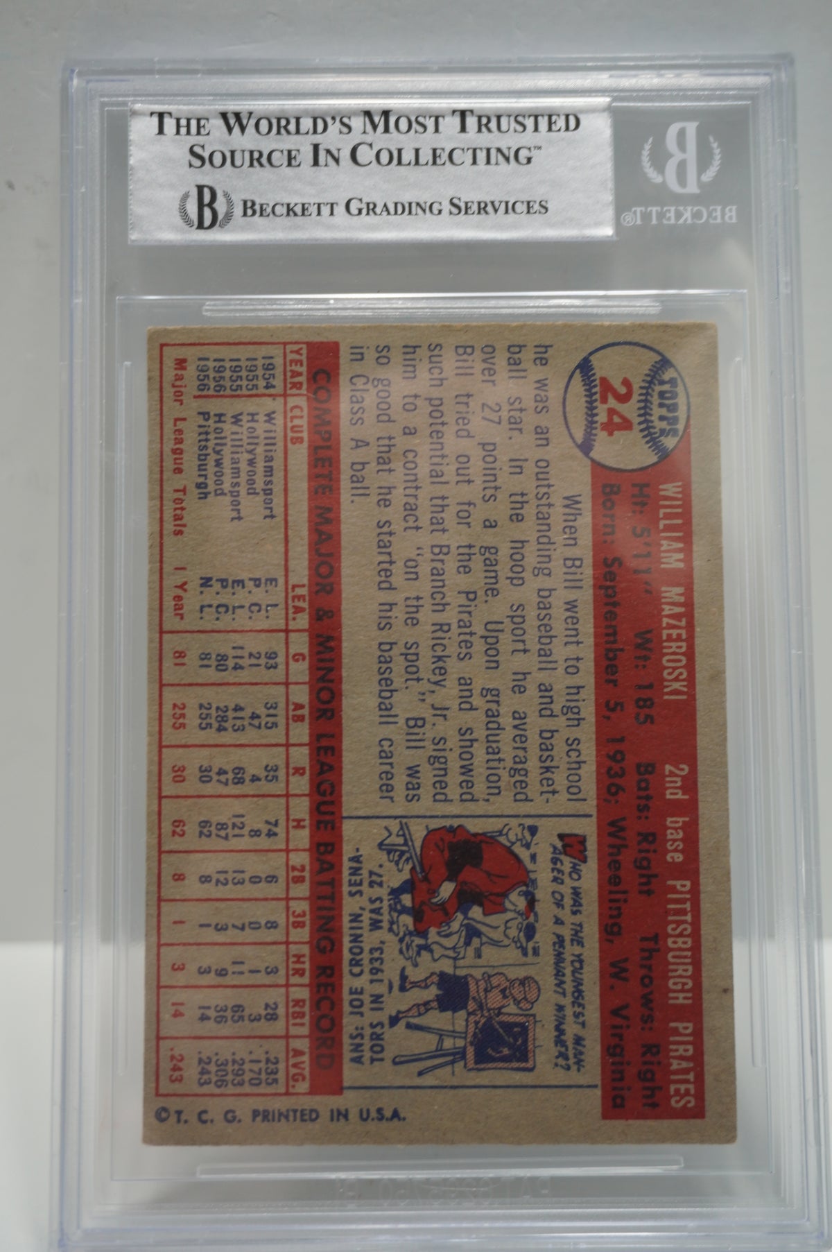 1957 Topps #24 Bill Mazeroski Beckett Authentic