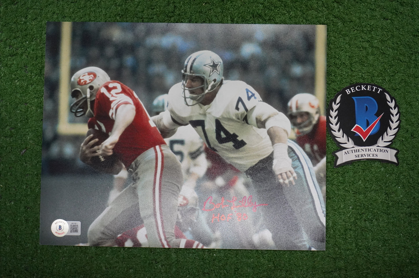 BOB LILLY DALLAS COWBOYS SIGNED 8x10 PHOTO w/HOF80 vs 49ers BAS