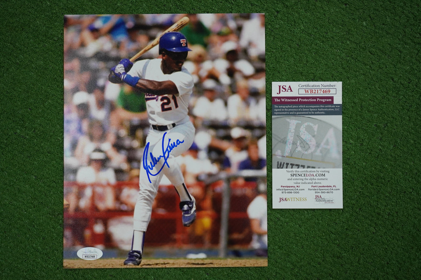 RUBEN SIERRA TEXAS RANGERS SIGNED 8x10 PHOTO Leg Kick JSA COA