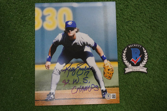 KELLY GRUBER Signed 8x10 Photo TORONTO BLUE JAYS w/"92 W.S Champs" BAS COA