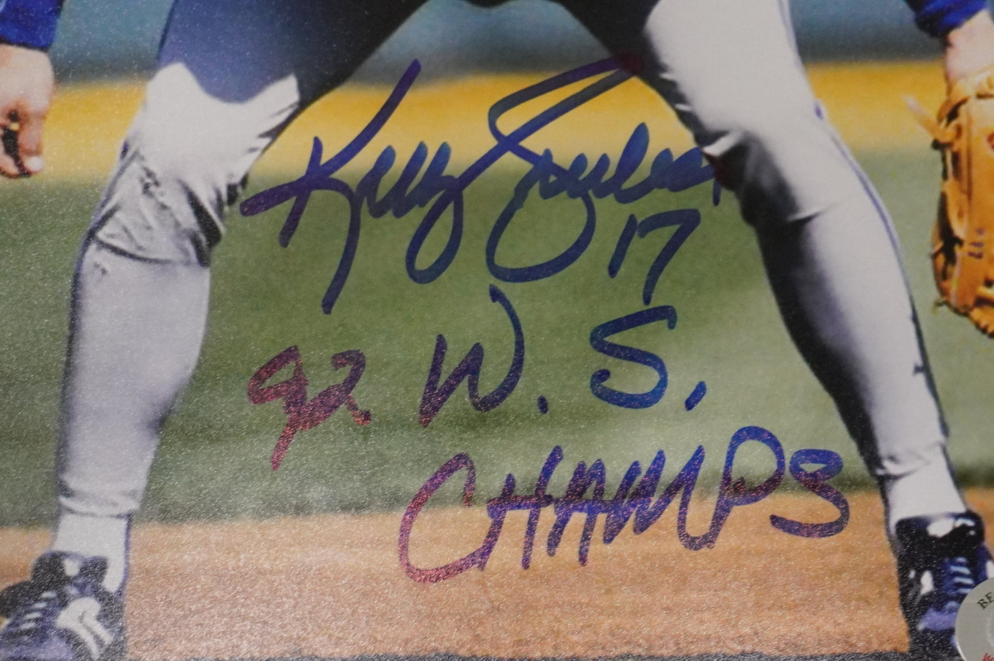 KELLY GRUBER Signed 8x10 Photo TORONTO BLUE JAYS w/"92 W.S Champs" BAS COA