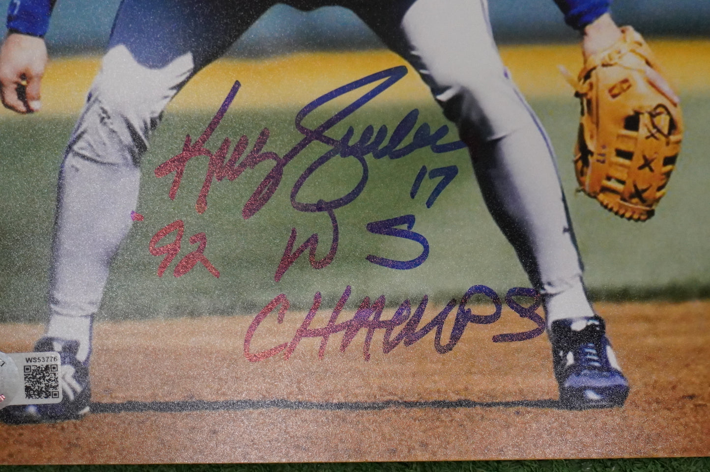 KELLY GRUBER Signed 8x10 Photo TORONTO BLUE JAYS w/"92 W.S Champs" BAS COA