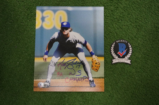 KELLY GRUBER Signed 8x10 Photo TORONTO BLUE JAYS w/"92 W.S Champs" BAS COA