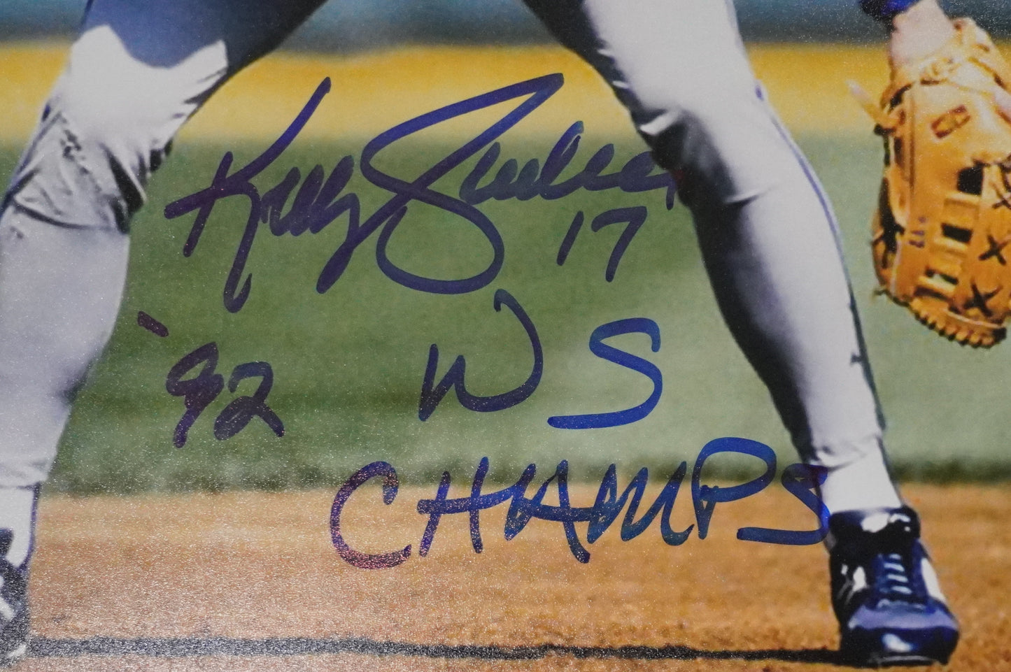 KELLY GRUBER Signed 8x10 Photo TORONTO BLUE JAYS w/"92 W.S Champs" BAS COA