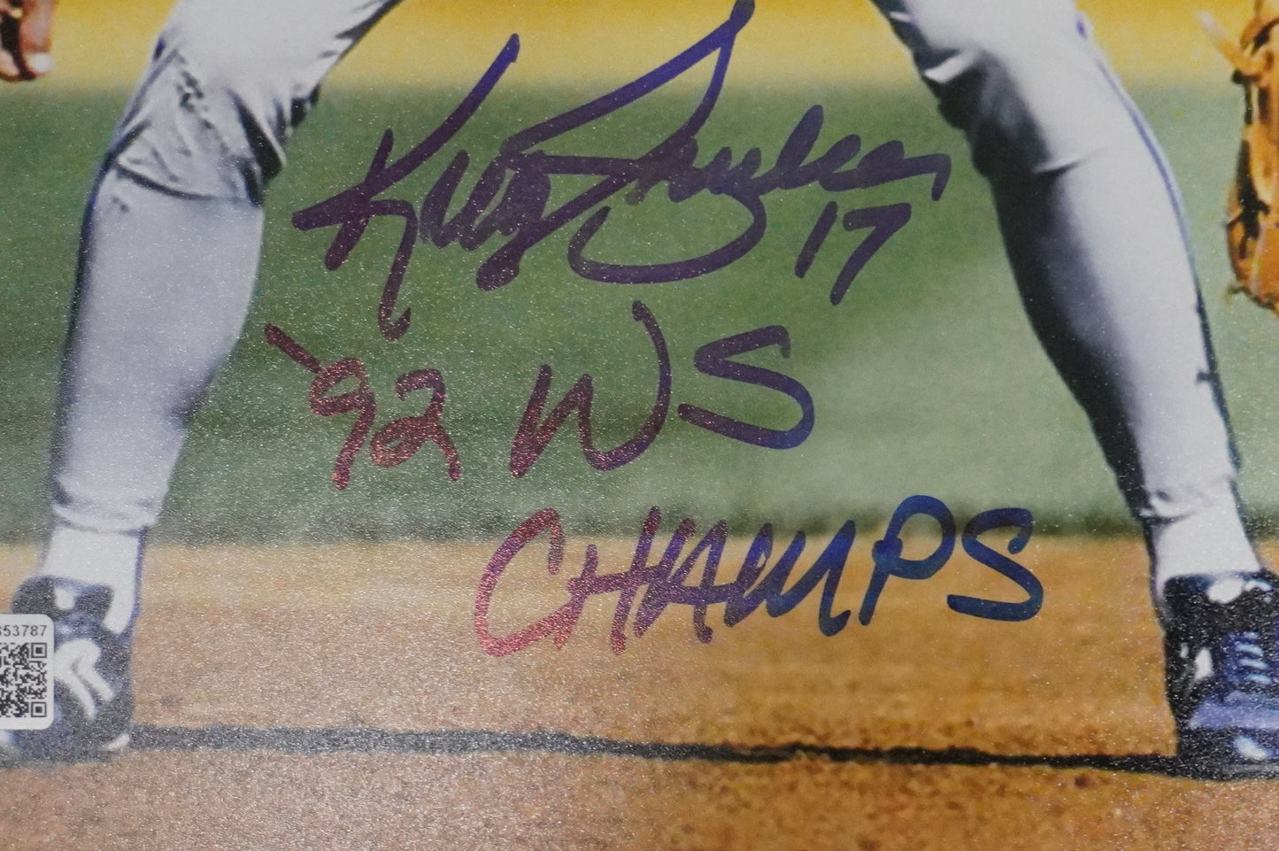 KELLY GRUBER Signed 8x10 Photo TORONTO BLUE JAYS w/"92 W.S Champs" BAS COA