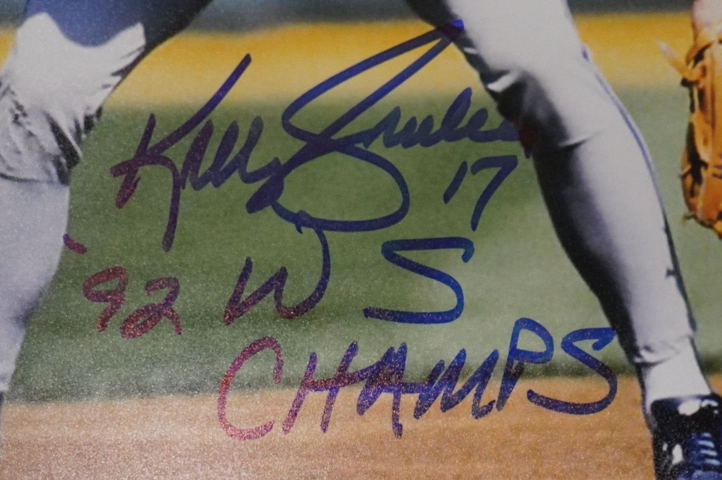 KELLY GRUBER Signed 8x10 Photo TORONTO BLUE JAYS w/"92 W.S Champs" BAS COA
