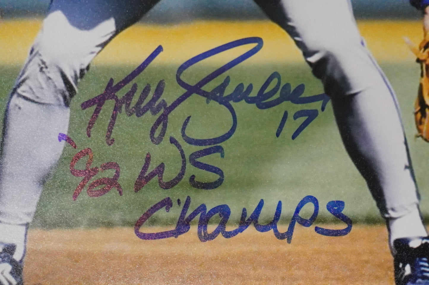 KELLY GRUBER Signed 8x10 Photo TORONTO BLUE JAYS w/"92 W.S Champs" BAS COA