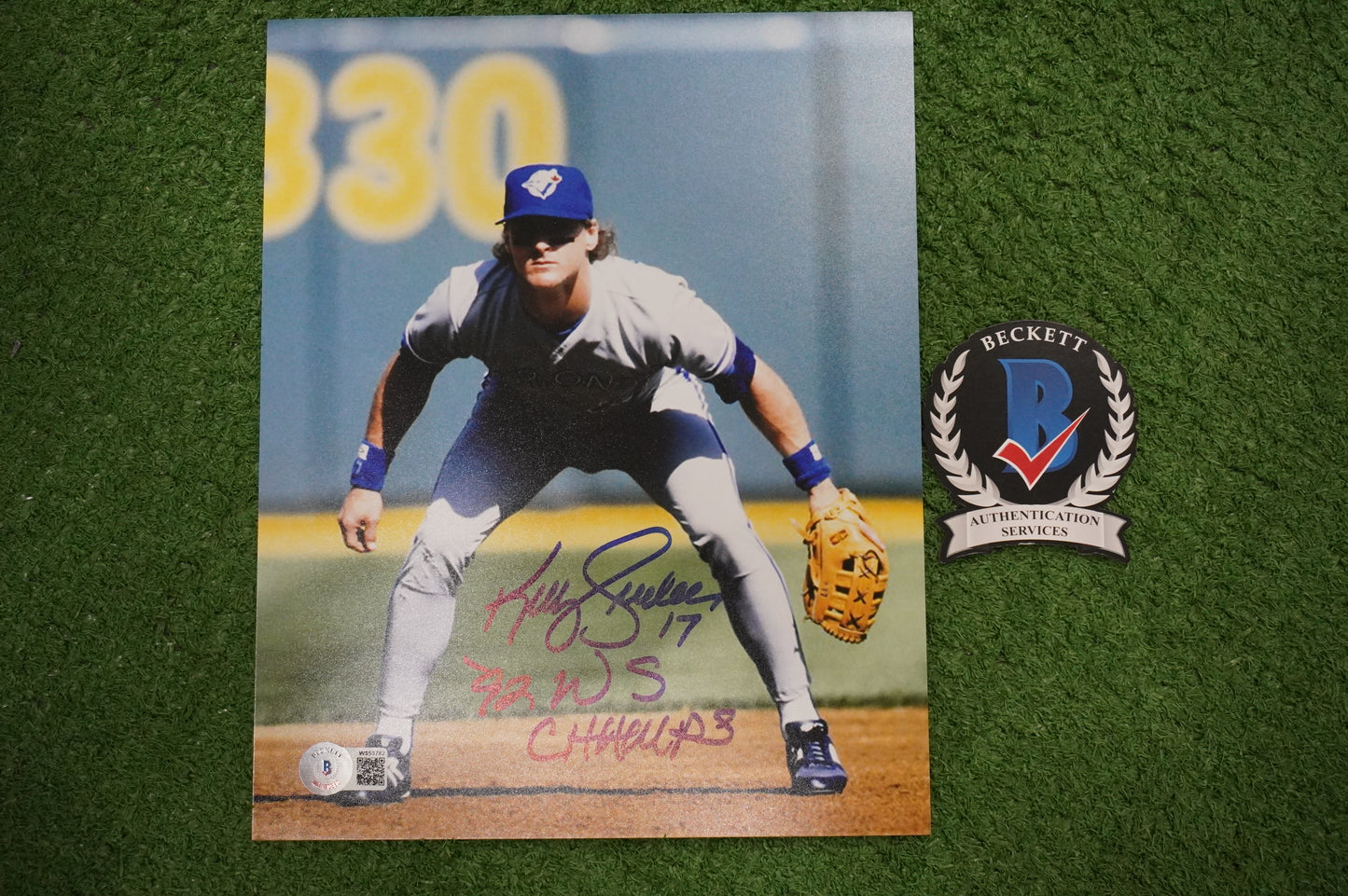 KELLY GRUBER Signed 8x10 Photo TORONTO BLUE JAYS w/"92 W.S Champs" BAS COA