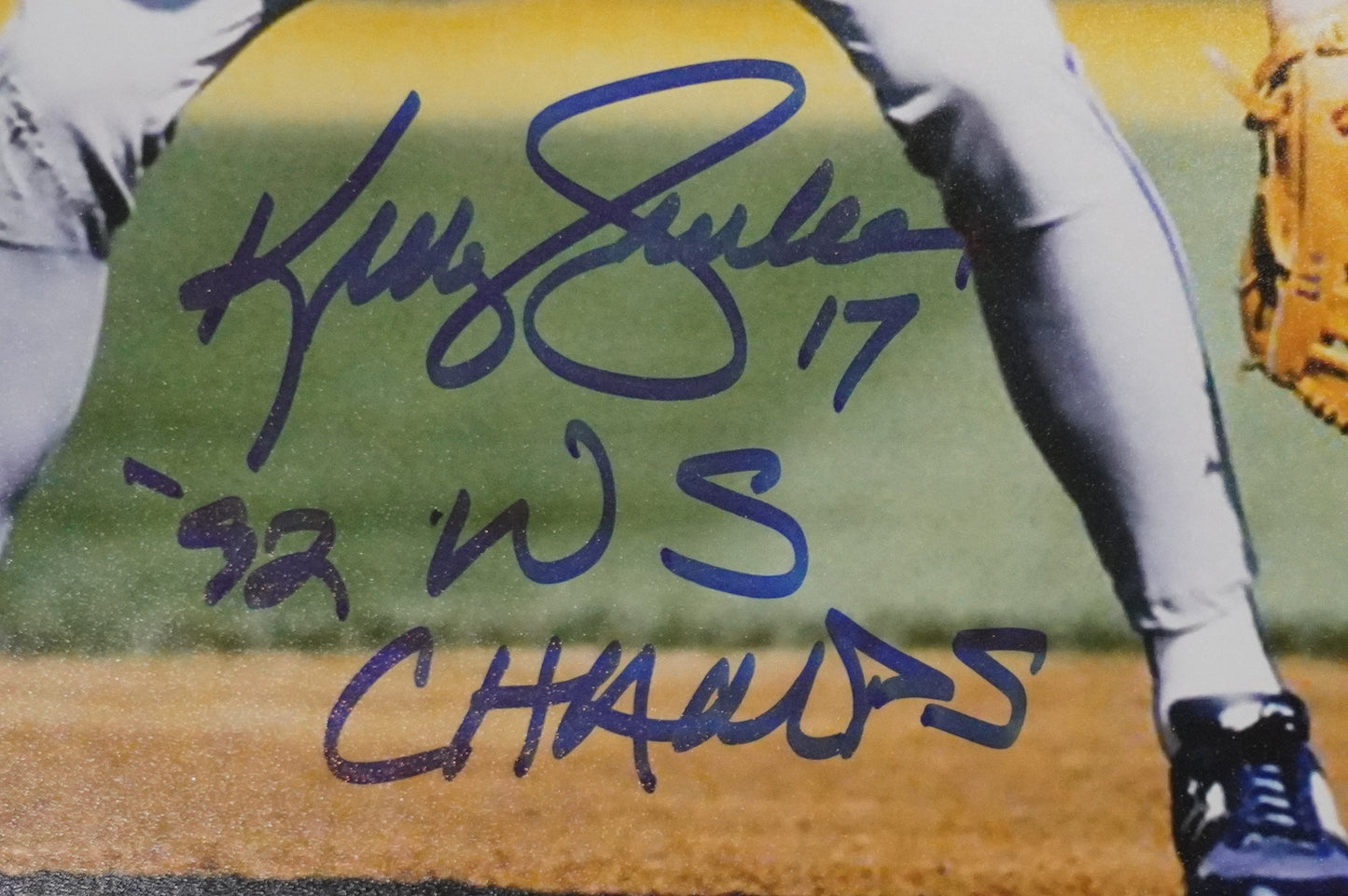 KELLY GRUBER Signed 8x10 Photo TORONTO BLUE JAYS w/"92 W.S Champs" BAS COA