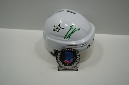 LOGAN STANKOVEN DALLAS STARS SIGNED White Mini Helmet GREEN PAINT BAS COA
