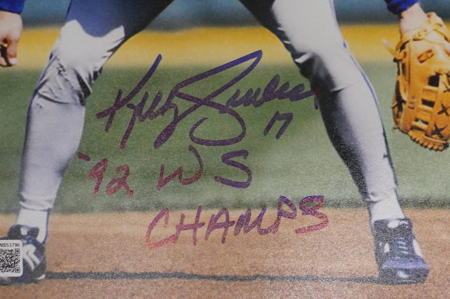 KELLY GRUBER Signed 8x10 Photo TORONTO BLUE JAYS w/"92 W.S Champs" BAS COA