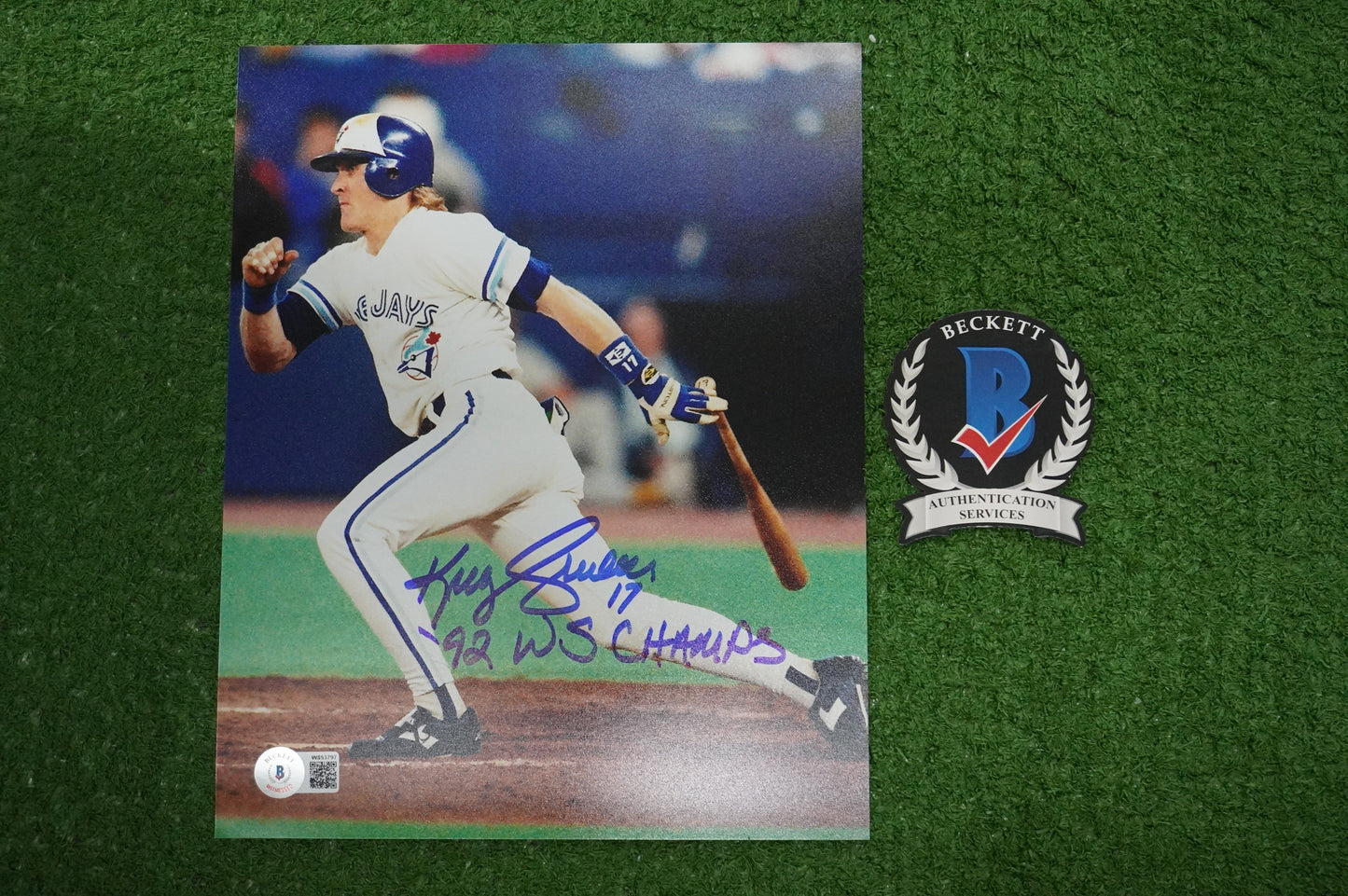 KELLY GRUBER Signed 8x10 AT-BAT Photo TORONTO BLUE JAYS w/"92 W.S Champs" BAS