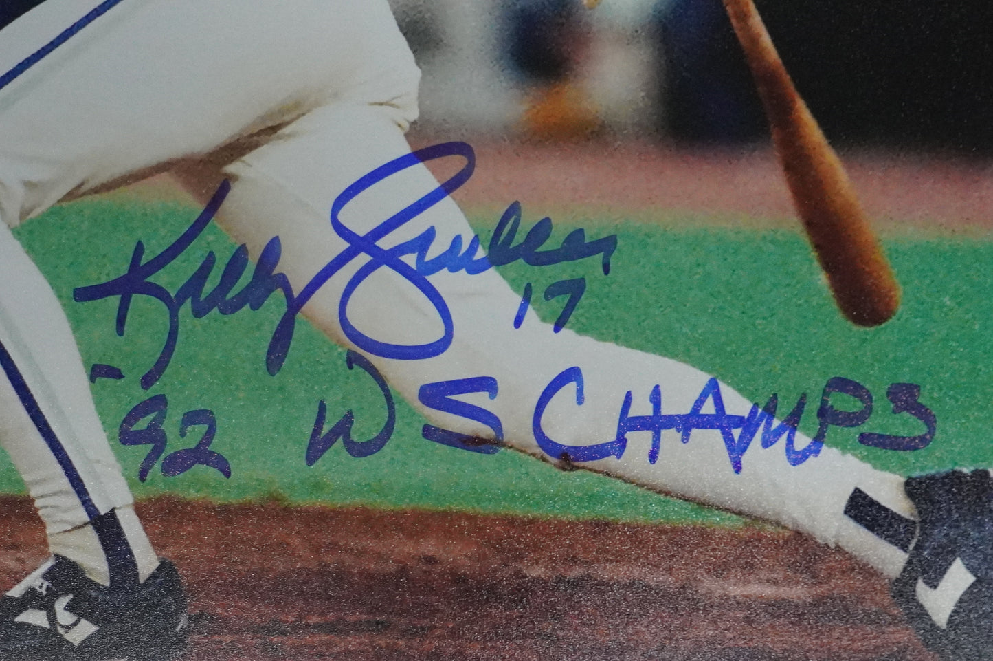 KELLY GRUBER Signed 8x10 AT-BAT Photo TORONTO BLUE JAYS w/"92 W.S Champs" BAS
