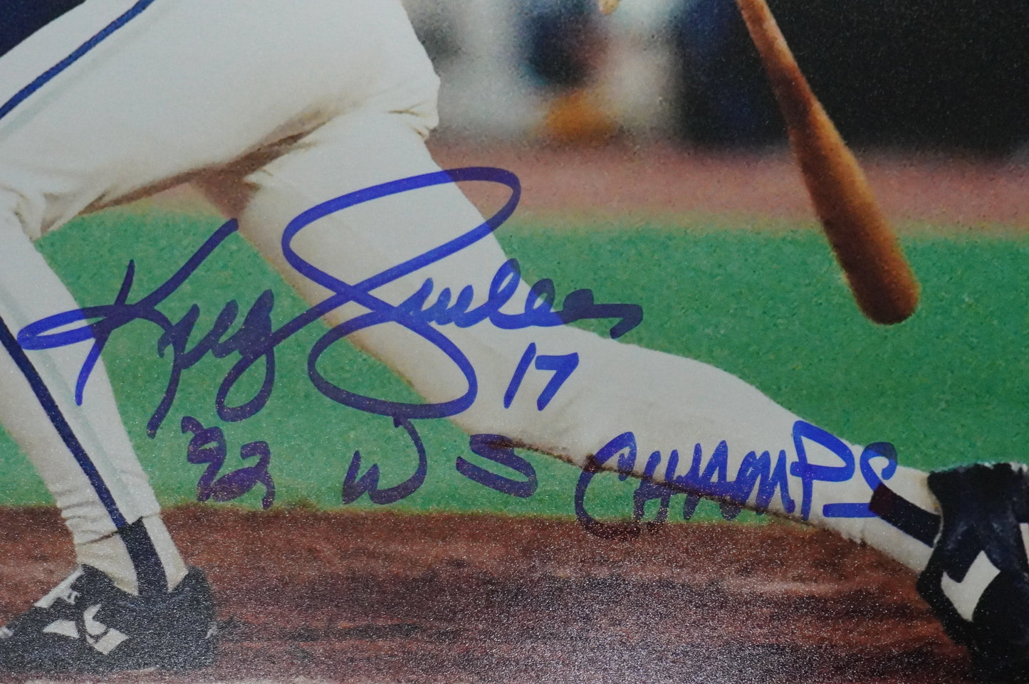 KELLY GRUBER Signed 8x10 AT-BAT Photo TORONTO BLUE JAYS w/"92 W.S Champs" BAS
