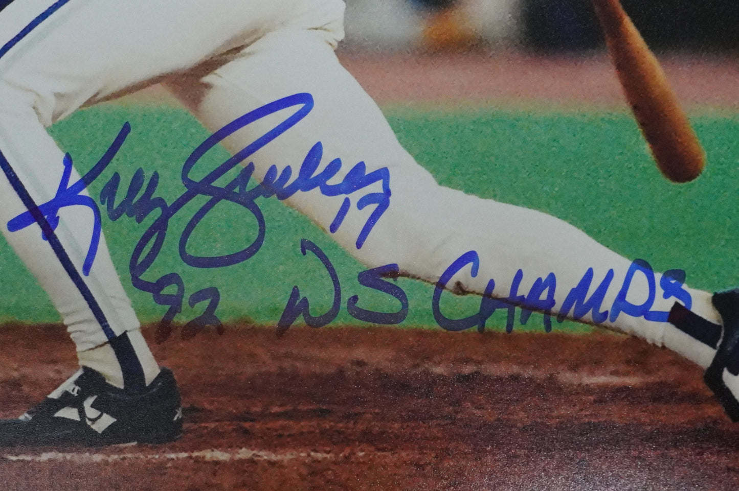 KELLY GRUBER Signed 8x10 AT-BAT Photo TORONTO BLUE JAYS w/"92 W.S Champs" BAS
