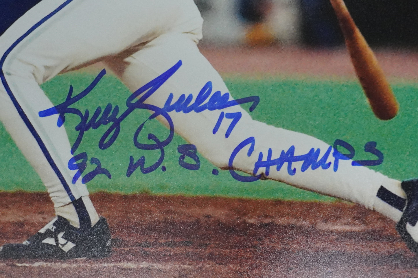 KELLY GRUBER Signed 8x10 AT-BAT Photo TORONTO BLUE JAYS w/"92 W.S Champs" BAS