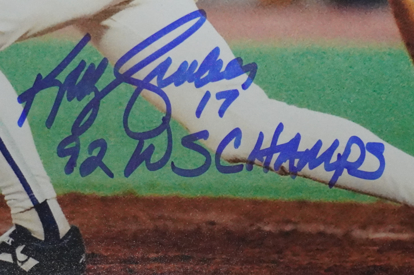 KELLY GRUBER Signed 8x10 AT-BAT Photo TORONTO BLUE JAYS w/"92 W.S Champs" BAS