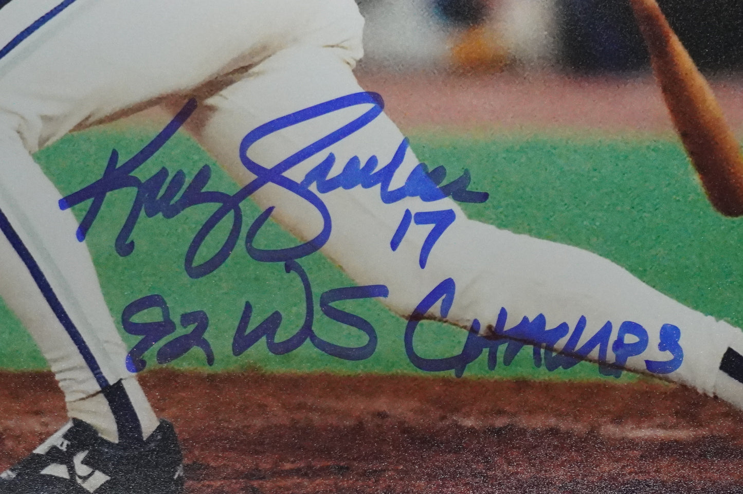 KELLY GRUBER Signed 8x10 AT-BAT Photo TORONTO BLUE JAYS w/"92 W.S Champs" BAS