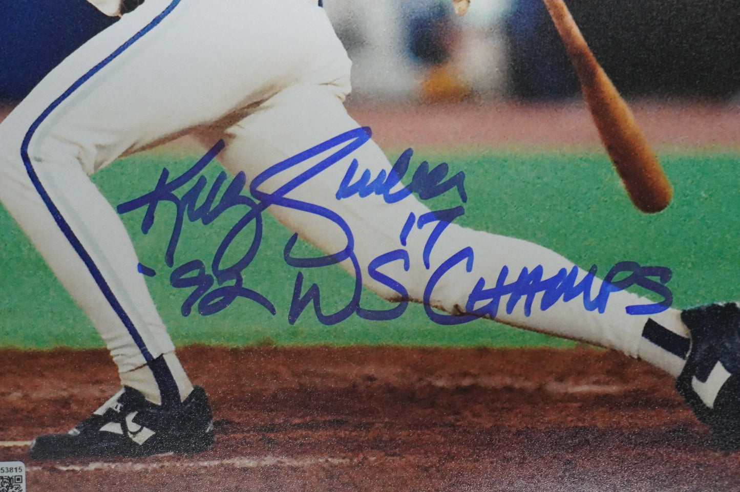 KELLY GRUBER Signed 8x10 AT-BAT Photo TORONTO BLUE JAYS w/"92 W.S Champs" BAS