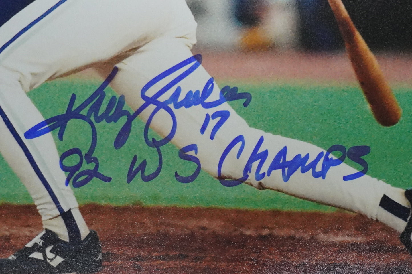 KELLY GRUBER Signed 8x10 AT-BAT Photo TORONTO BLUE JAYS w/"92 W.S Champs" BAS