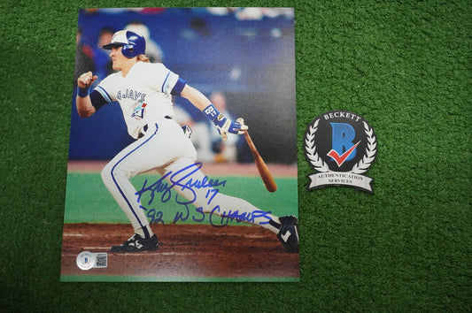 KELLY GRUBER Signed 8x10 AT-BAT Photo TORONTO BLUE JAYS w/"92 W.S Champs" BAS