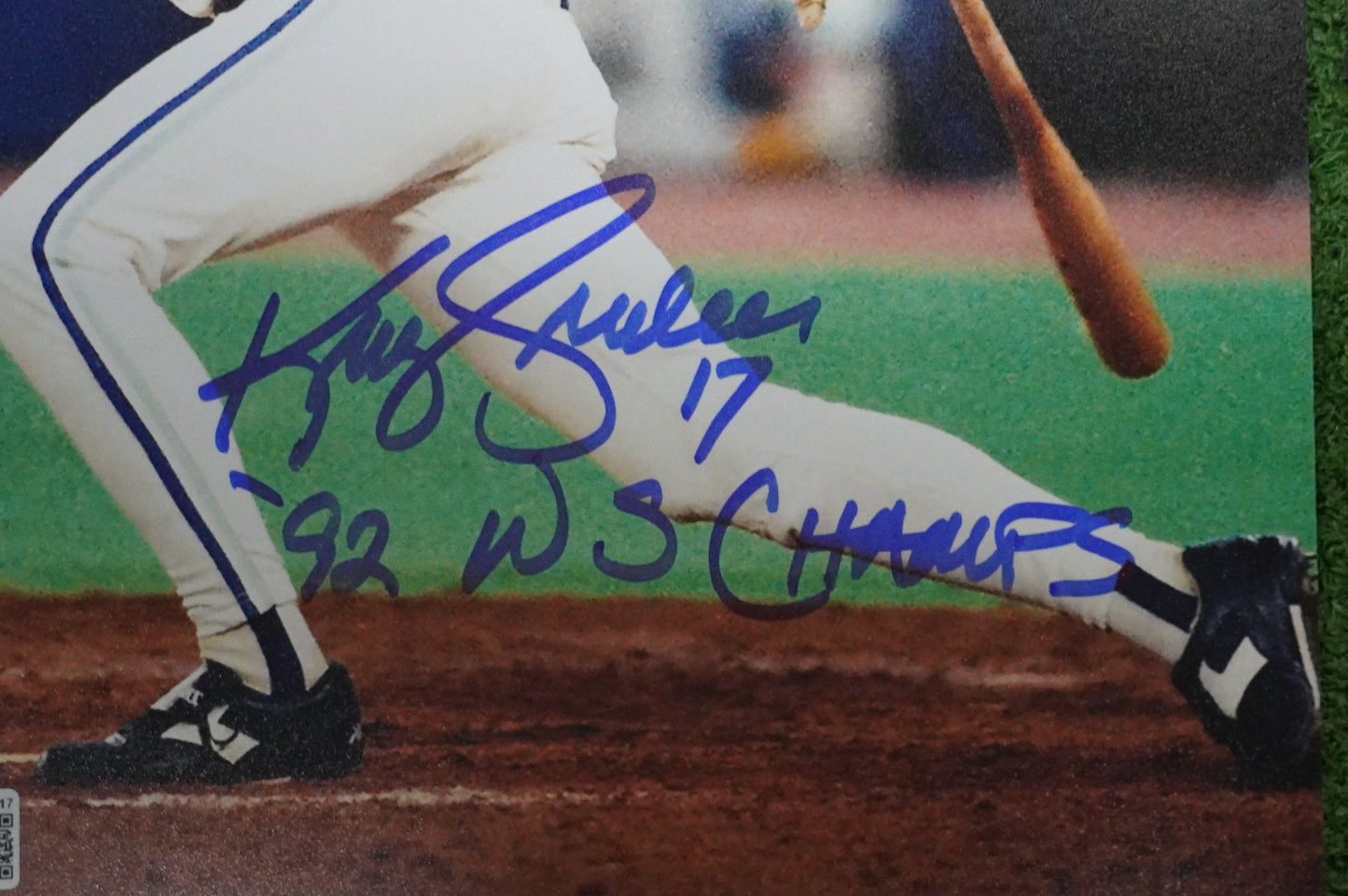 KELLY GRUBER Signed 8x10 AT-BAT Photo TORONTO BLUE JAYS w/"92 W.S Champs" BAS