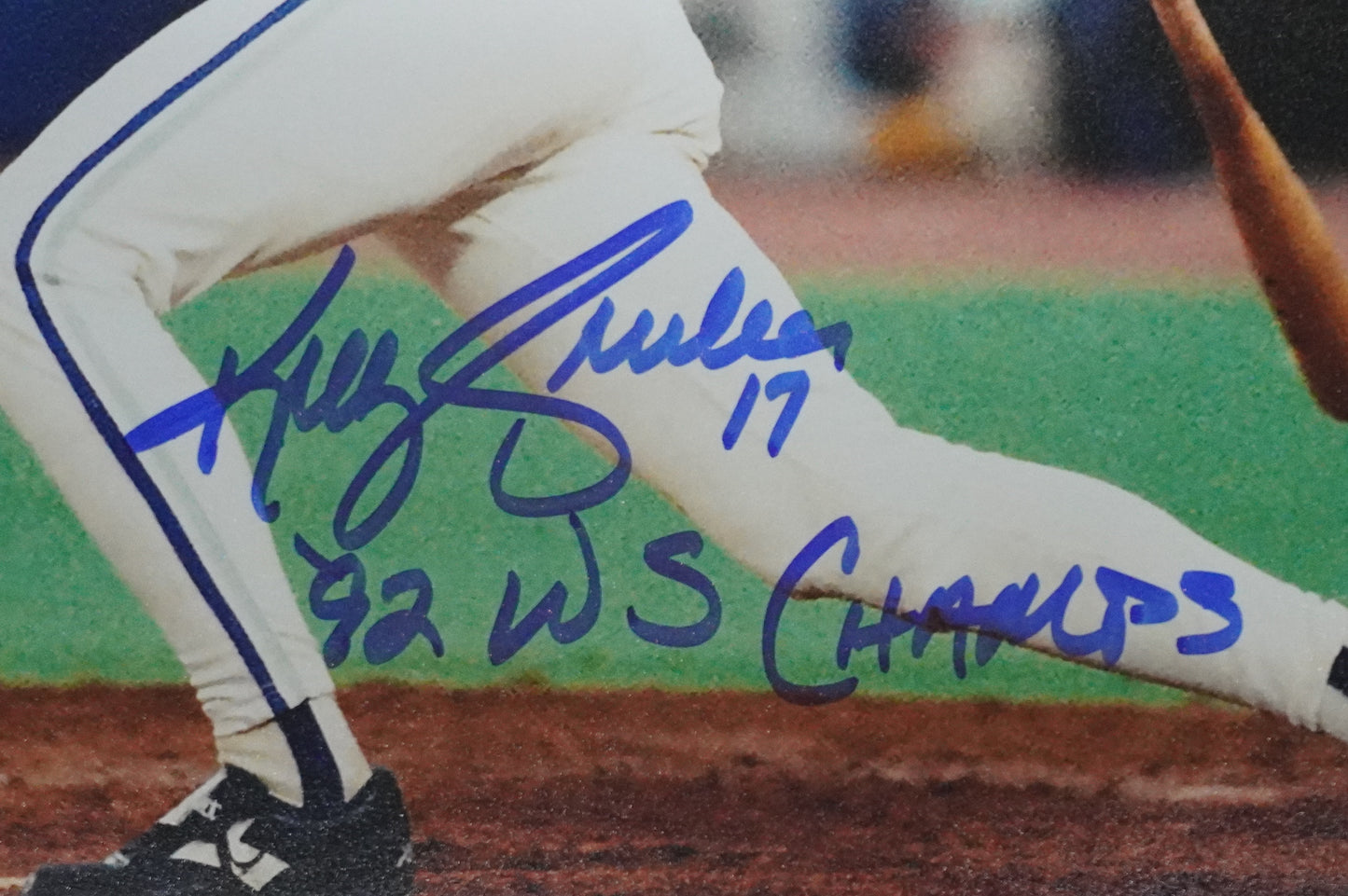 KELLY GRUBER Signed 8x10 AT-BAT Photo TORONTO BLUE JAYS w/"92 W.S Champs" BAS