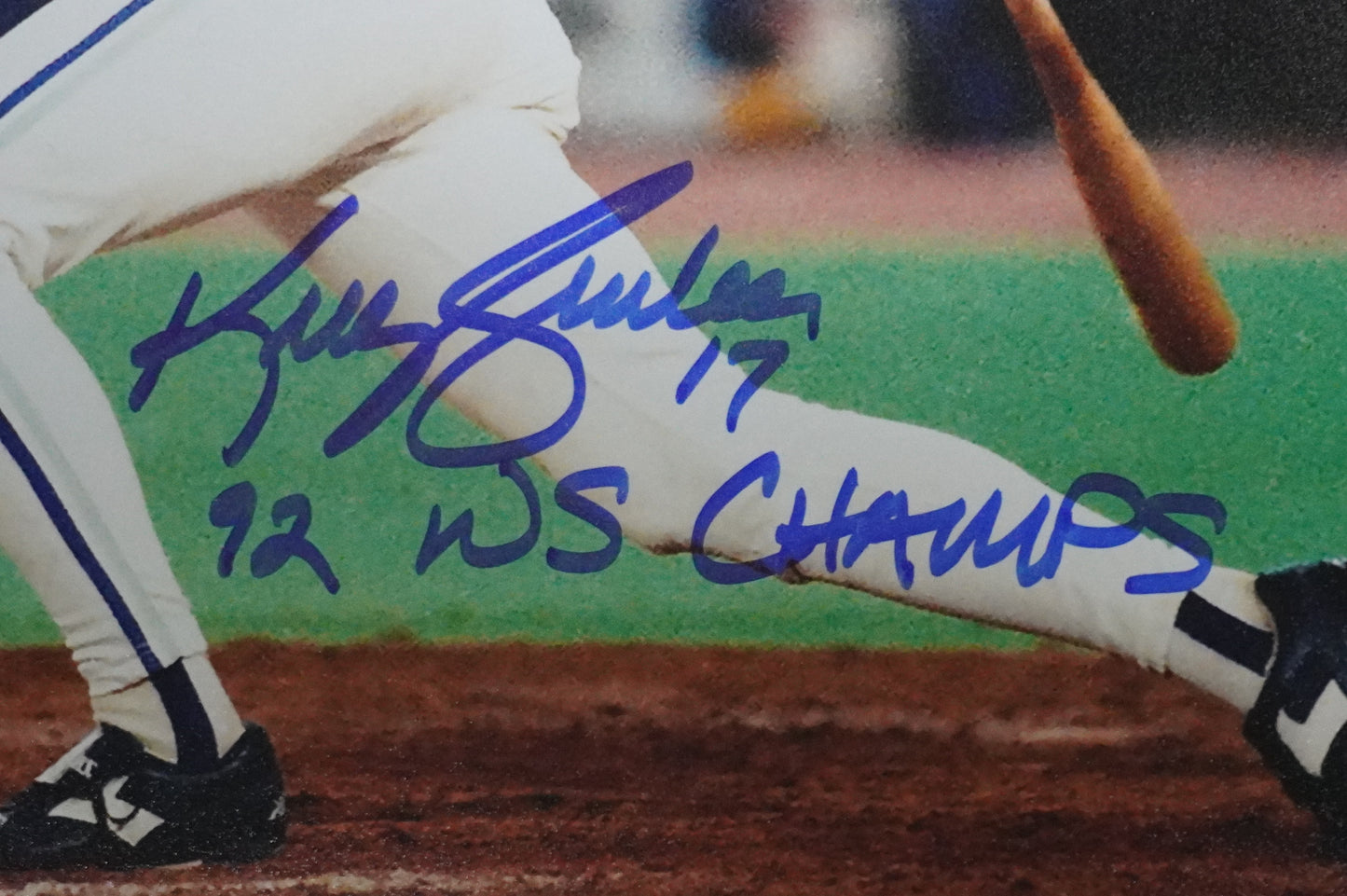 KELLY GRUBER Signed 8x10 AT-BAT Photo TORONTO BLUE JAYS w/"92 W.S Champs" BAS